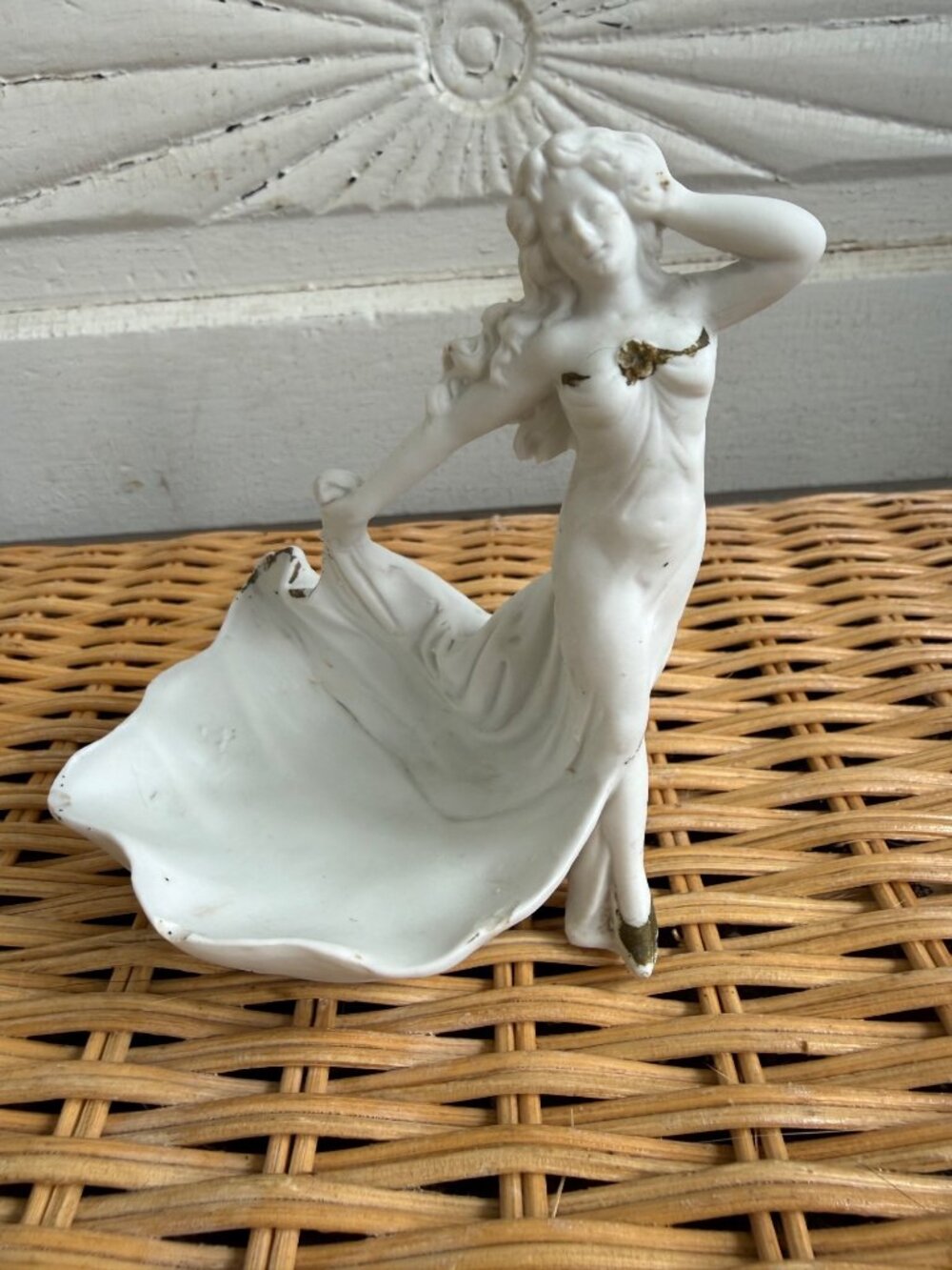 Antique 1910s Nouveau German Bisque Porcelain Maiden Flowing Dress Trinket Dish